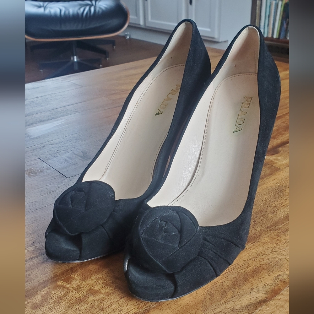 Prada Black Peep-Toe Heels with Floral Accent